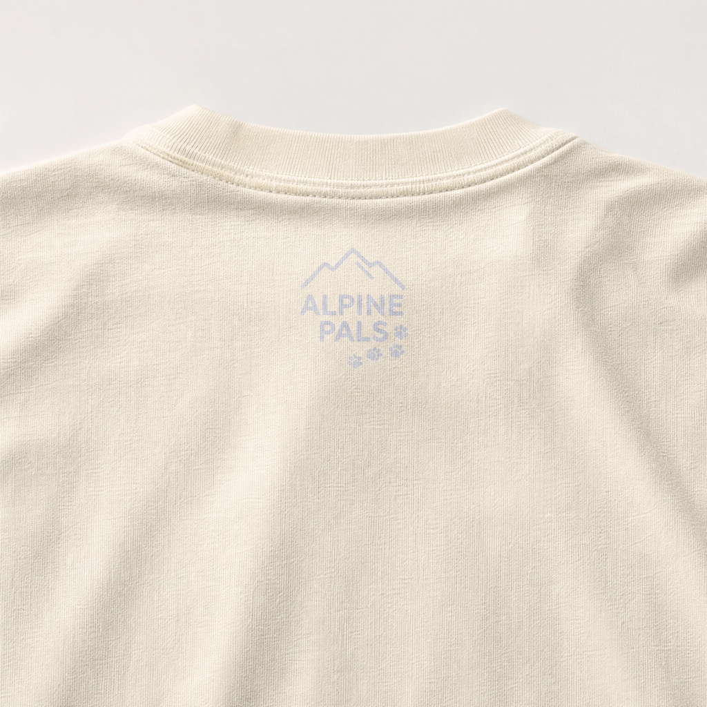 Beige sweatshirt with 'Alpine Pals' logo on a light gray background