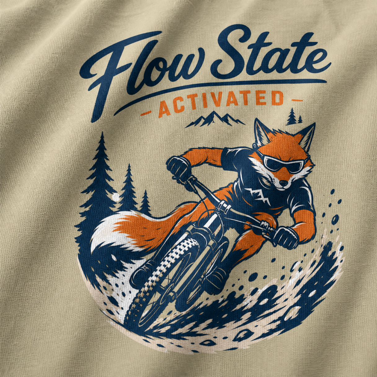 T-shirt with a fox riding a bike and 'Flow State Activated' text on a beige background