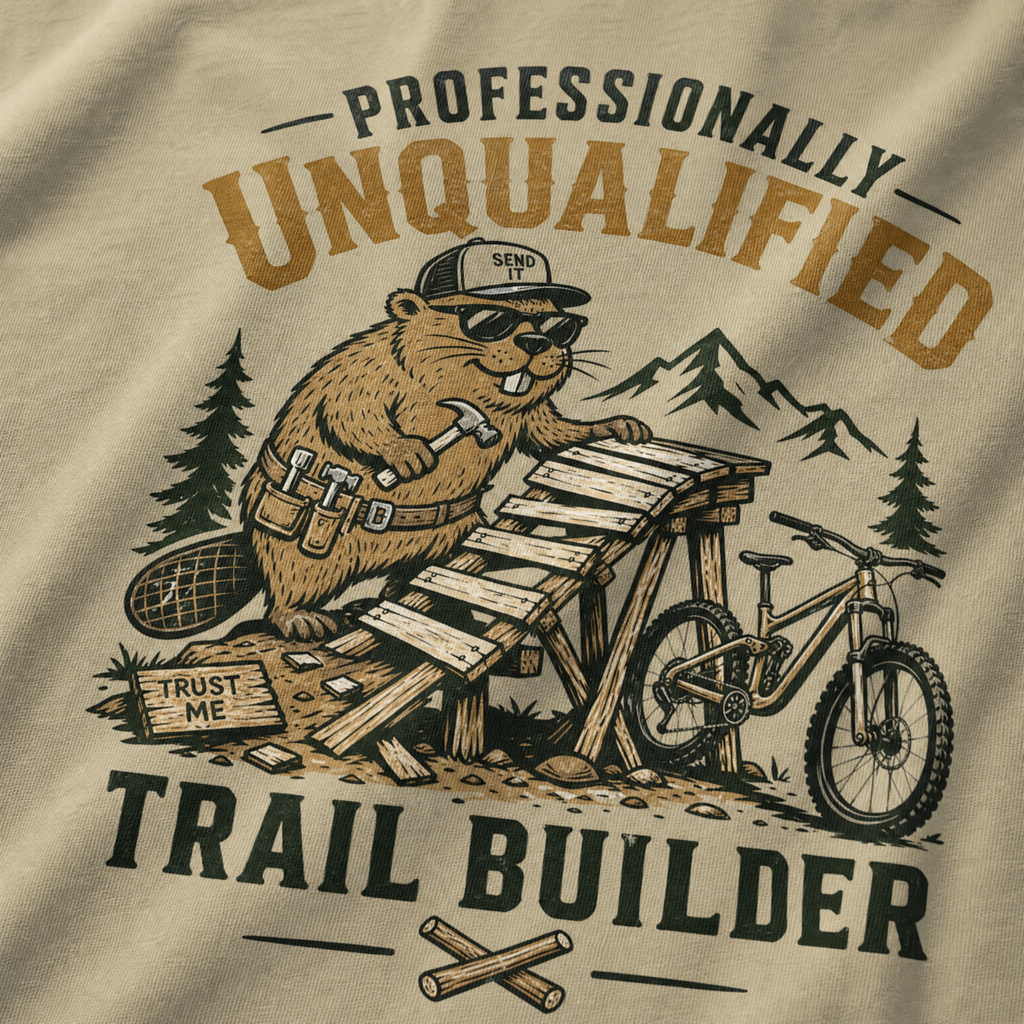 T-shirt design with a beaver character and text 'Professionally Unqualified Trail Builder' on a beige background.