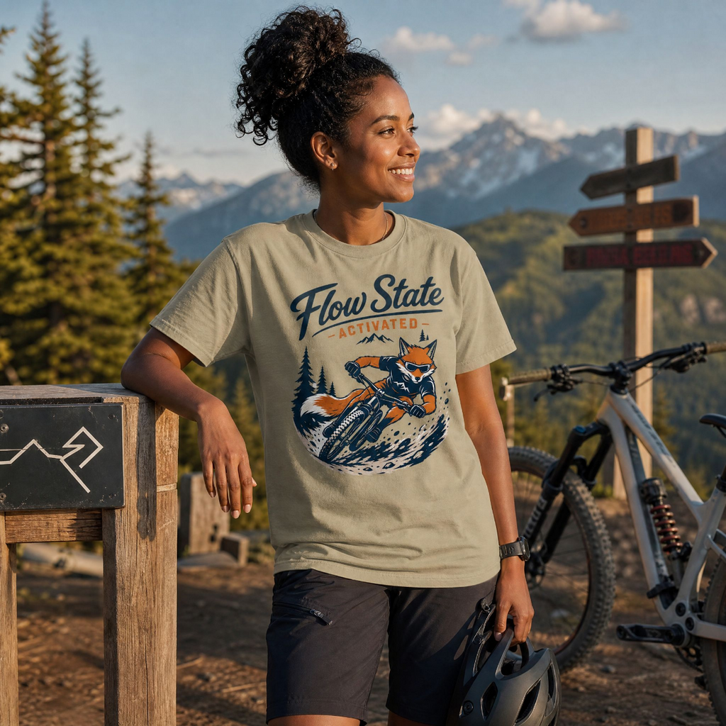 Woman wearing a 'Flow State Activated' t-shirt with a mountain bike design, standing in a scenic outdoor setting.