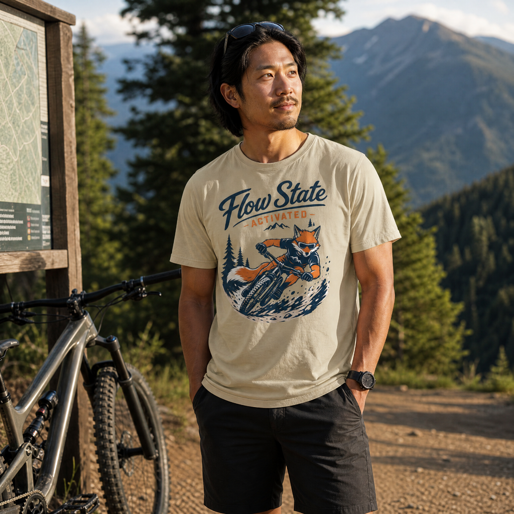 Man wearing a 'Flow State' t-shirt with a mountain bike and forest design, standing in a scenic outdoor setting.