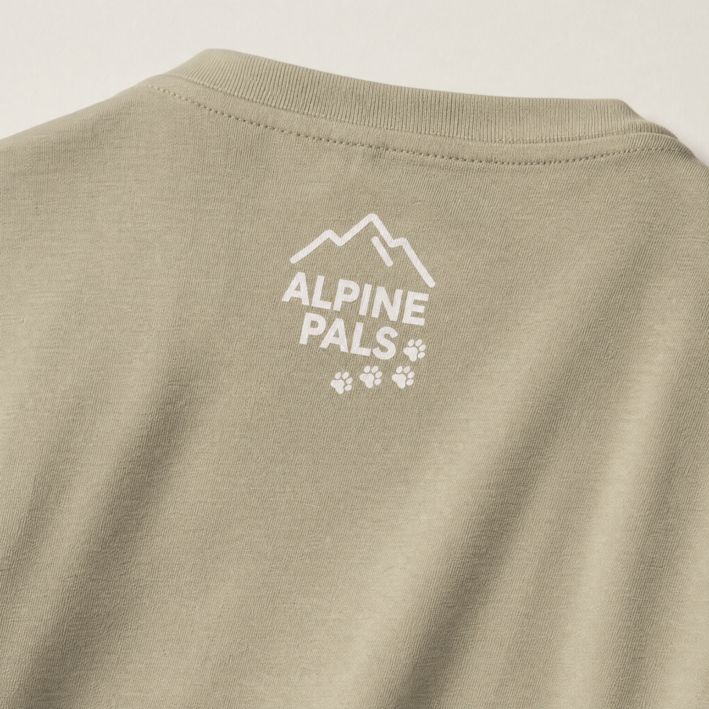 Khaki t-shirt with 'Alpine Pals' logo on a beige background