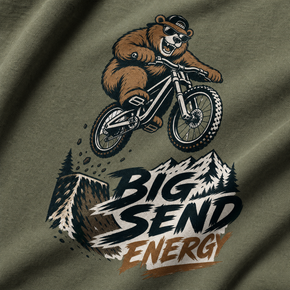 T-shirt with a bear riding a bike and 'Big Send Energy' text on a green background