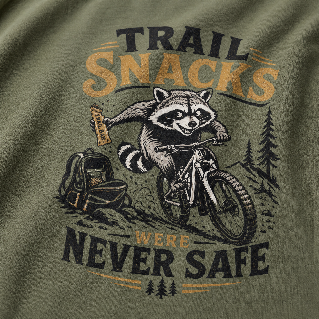 T-shirt with a raccoon graphic and 'Trail Snacks Were Never Safe' text on a green background