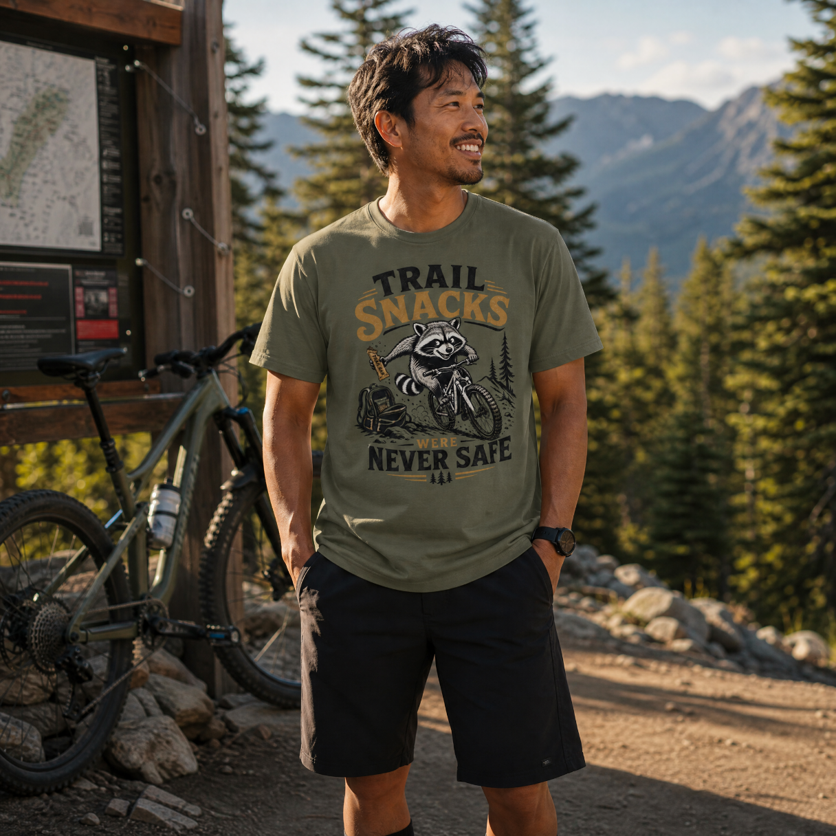 Man wearing a 'Trail Snacks Never Safe' t-shirt in a mountainous area with a bike and map board.