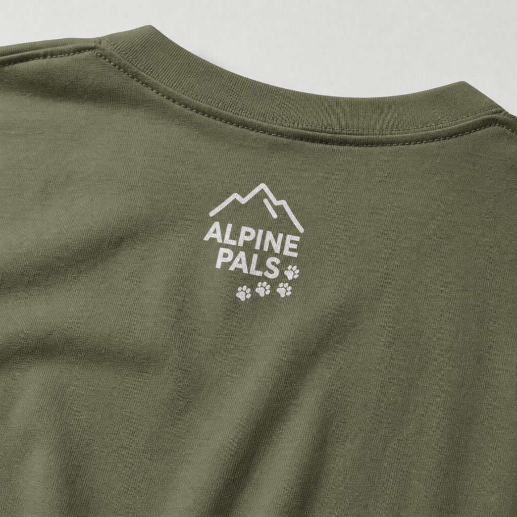Moss green t-shirt with 'Alpine Pals' logo on a white background