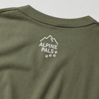 Moss green t-shirt with 'Alpine Pals' logo on a white background
