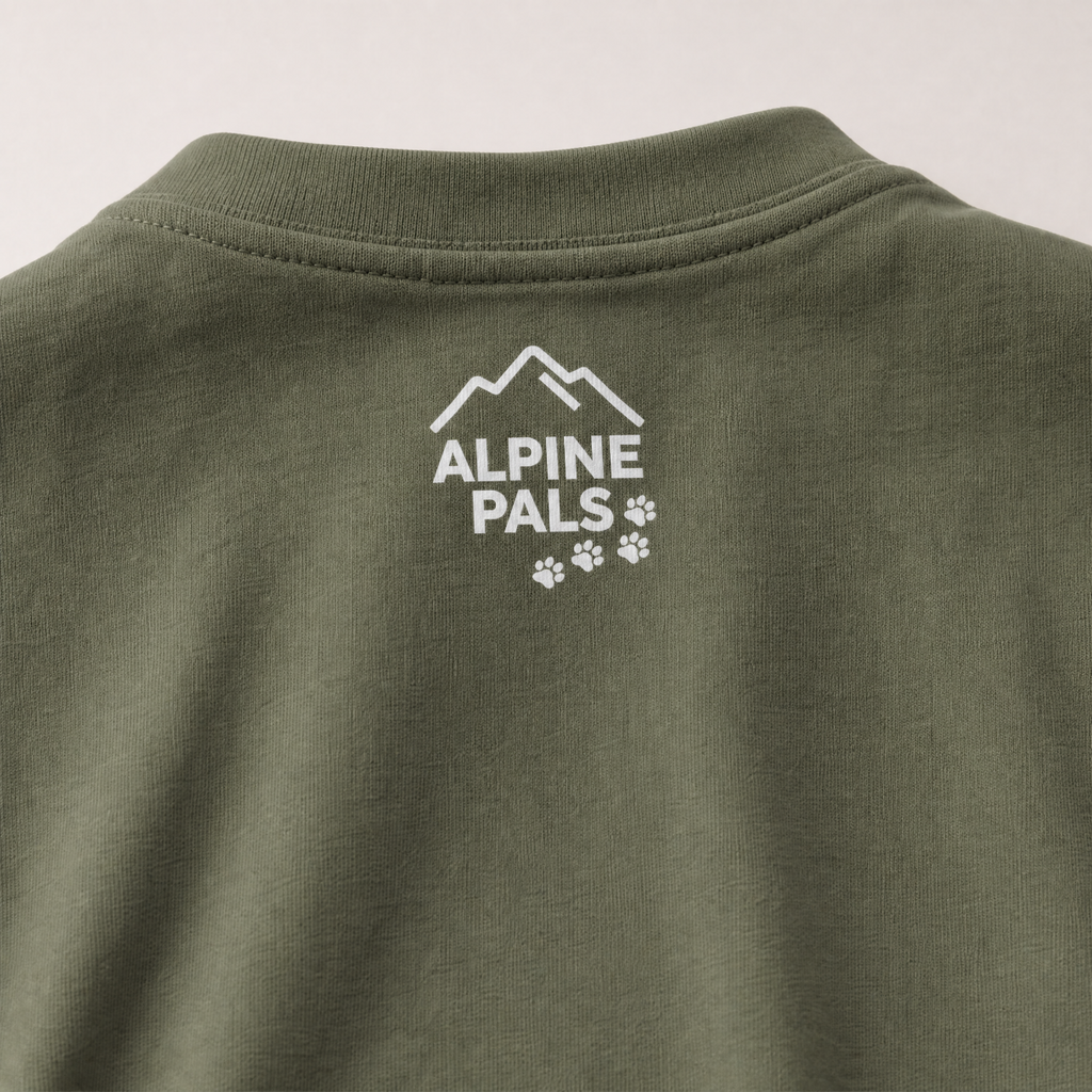 Moss green shirt with 'Alpine Pals' logo on a white background