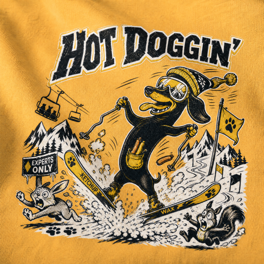Illustration of a dog skiing with 'Hot Doggin'' text on a yellow background