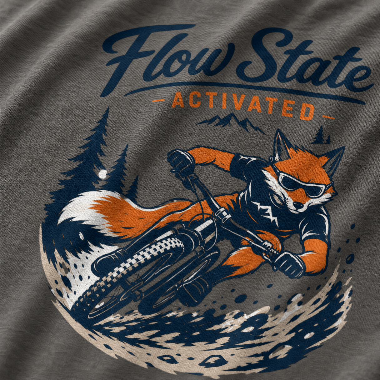 T-shirt with a fox riding a bike and 'Flow State Activated' text on a gray background