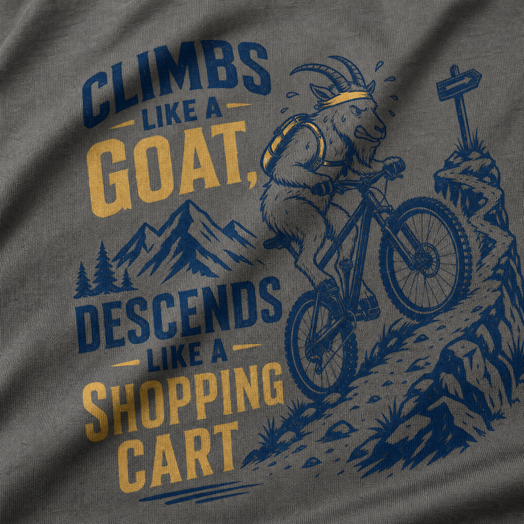 T-shirt with graphic of a goat riding a bike and text 'Climbs like a goat, descends like a shopping cart' on a gray background.