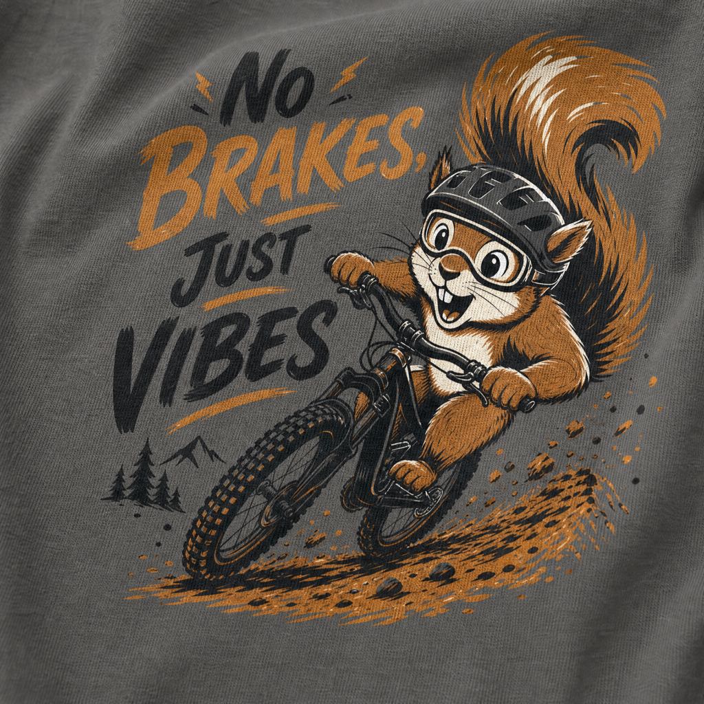 T-shirt with a squirrel riding a bike and 'No Brakes, Just Vibes' text on a dark background