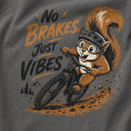 T-shirt with a squirrel riding a bike and 'No Brakes, Just Vibes' text on a dark background