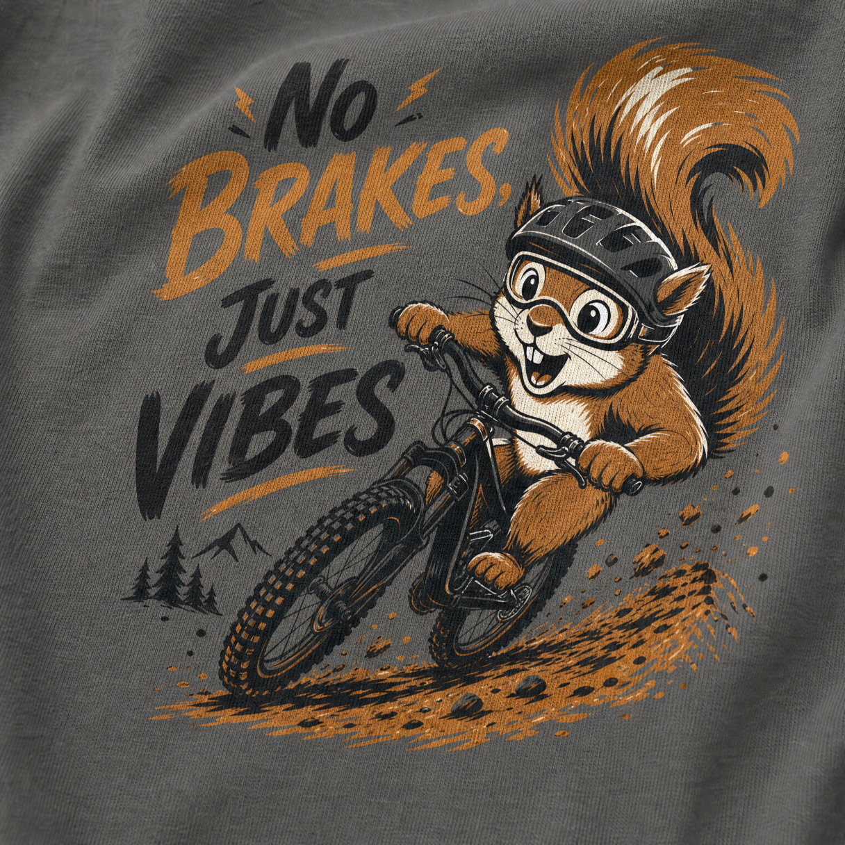 T-shirt with a squirrel riding a bike and 'No Brakes, Just Vibes' text on a dark background
