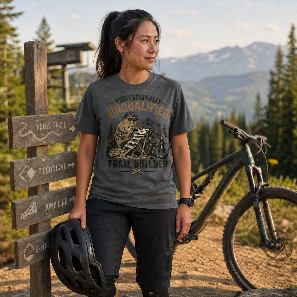 Woman standing next to a mountain bike with a trail sign in a forested area