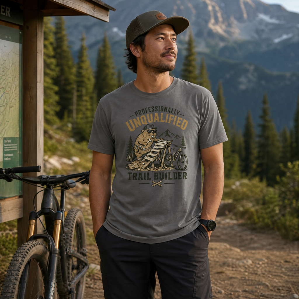 Man wearing a t-shirt with a graphic design of a trail builder and a bicycle, standing in a mountainous forested area.