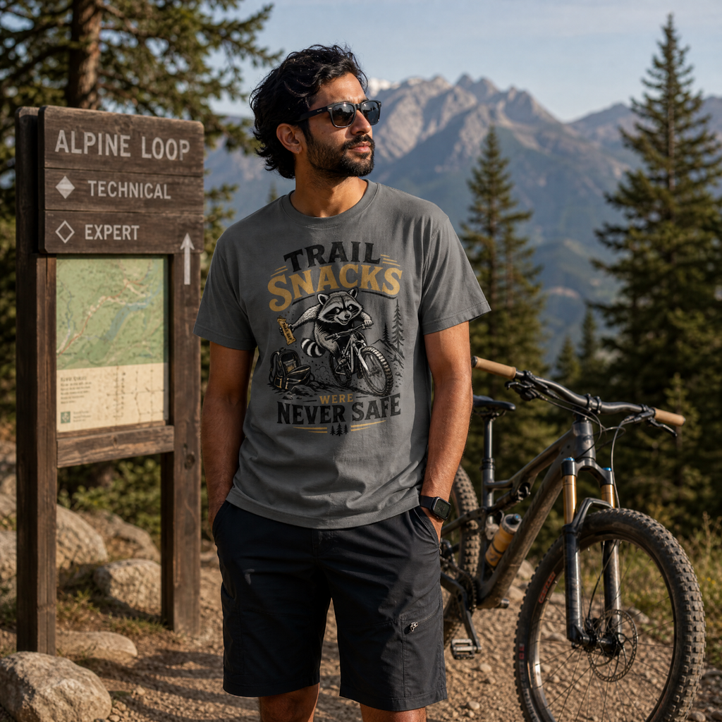 Man standing next to a bicycle with a mountainous landscape and sign in the background