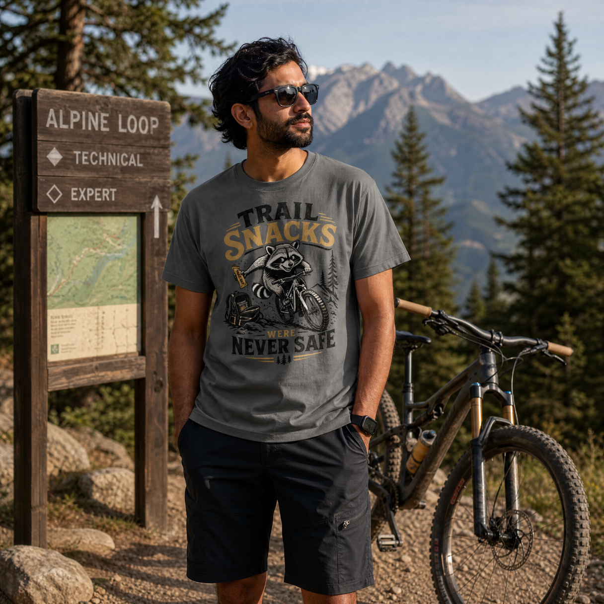 Man standing next to a bicycle with a mountainous landscape and sign in the background