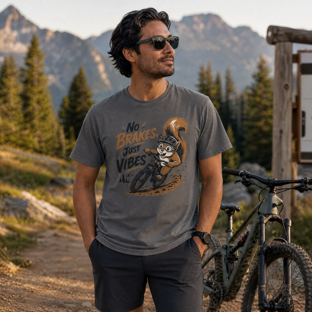 Man wearing a t-shirt with a graphic design of a squirrel on a bike, standing in a mountainous area.