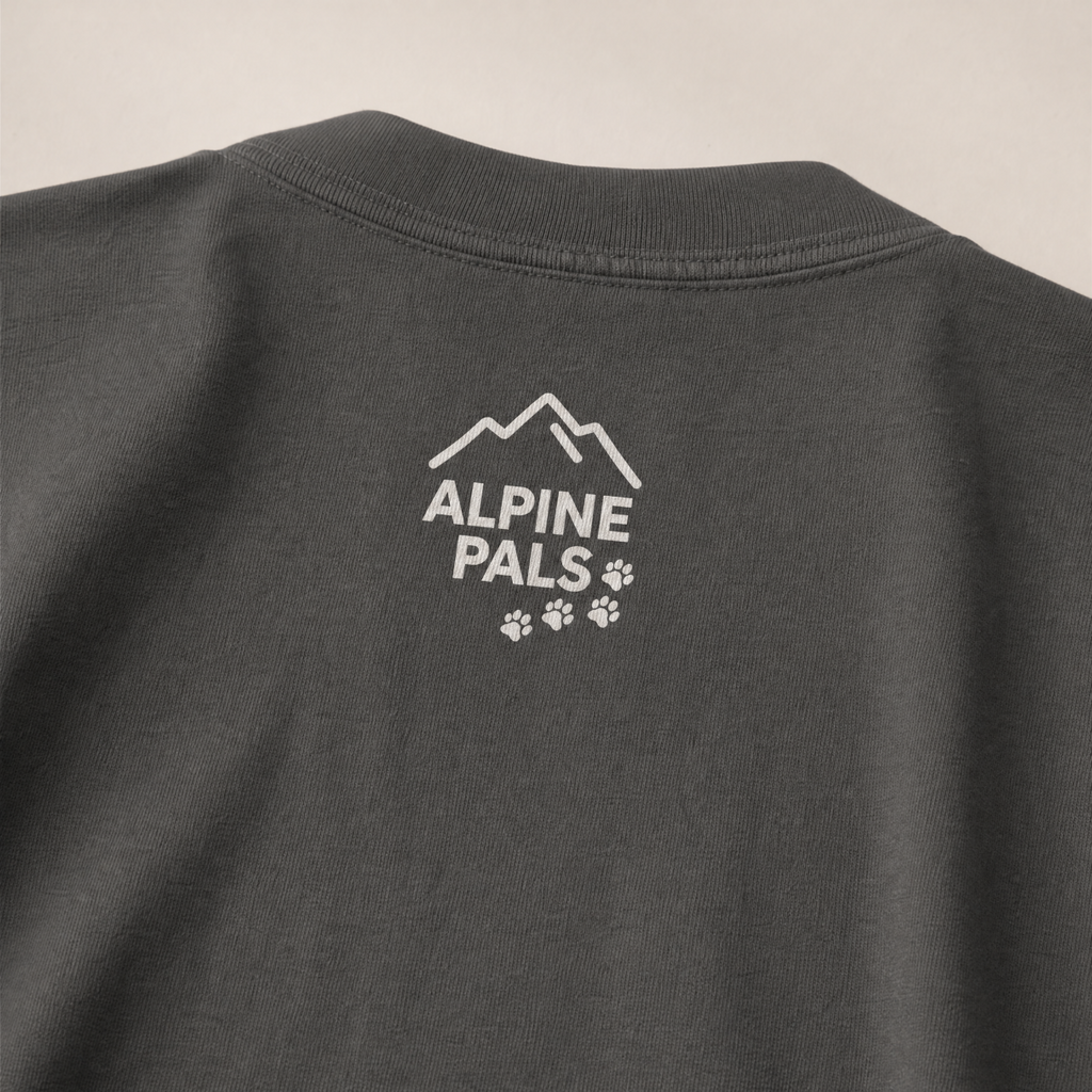 Pepper gray shirt with 'Alpine Pals' logo on the back against a beige background