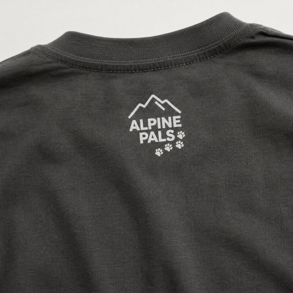 Black t-shirt with Alpine Pals logo on a gray background