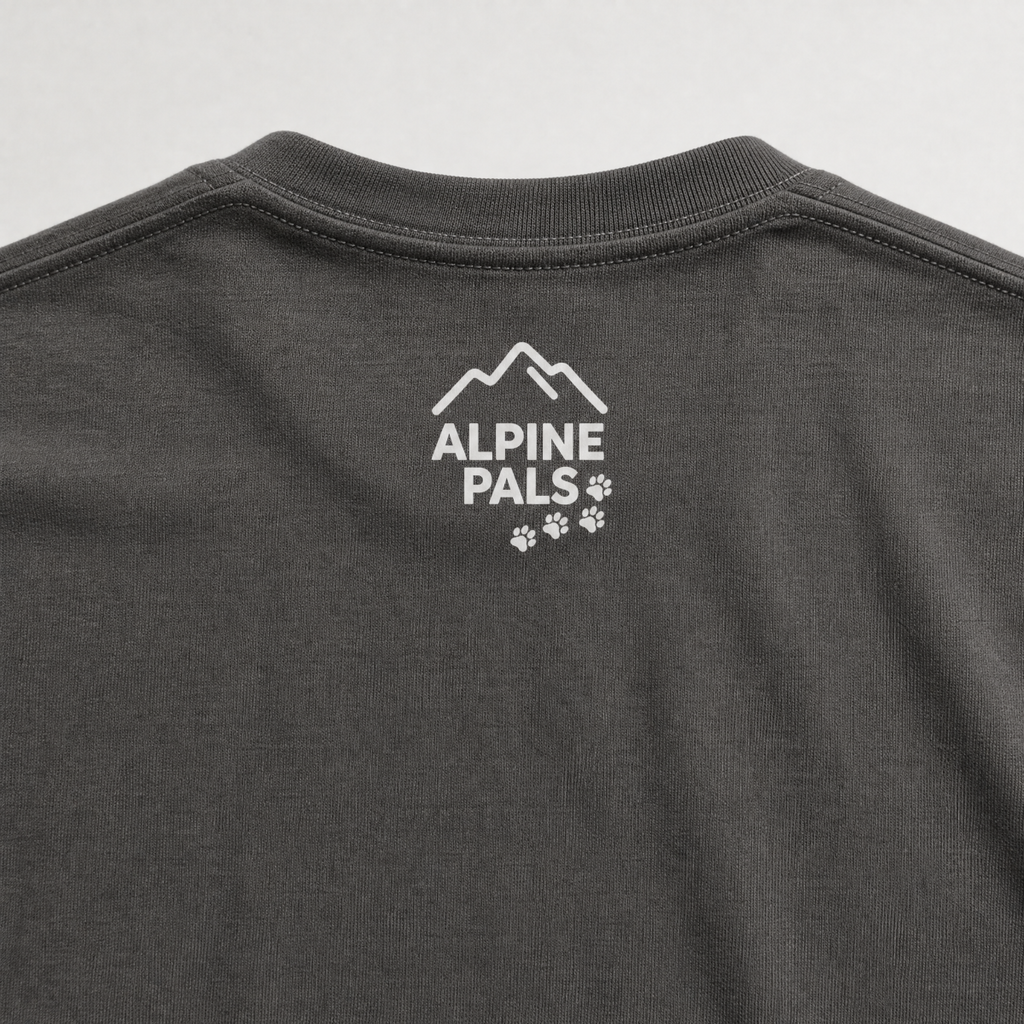 Dark gray shirt with 'Alpine Pals' logo on a light gray background