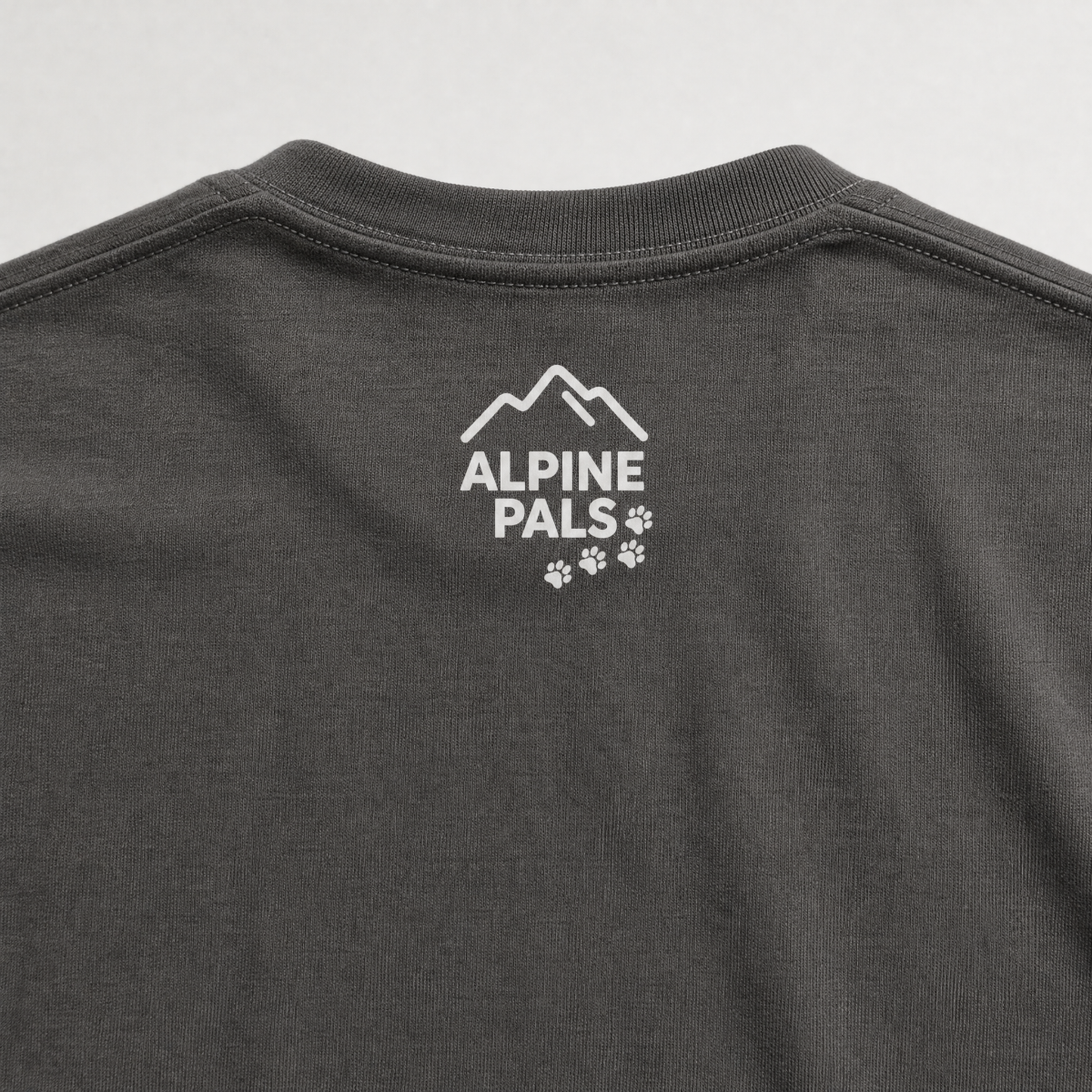 Dark gray shirt with 'Alpine Pals' logo on a light gray background
