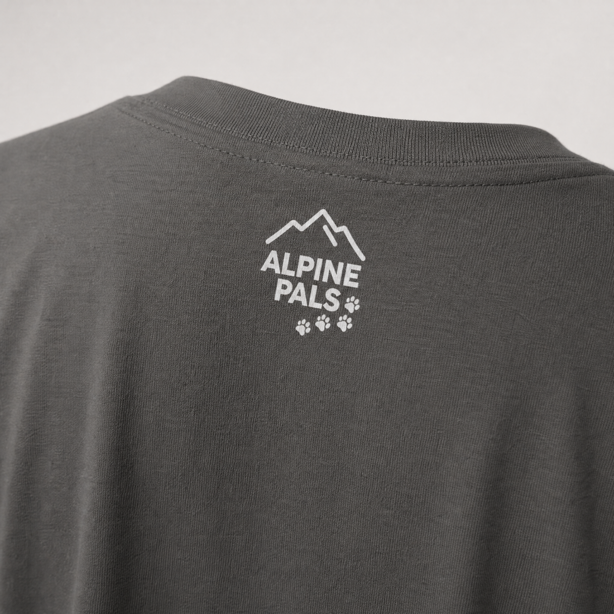 Gray t-shirt with 'Alpine Pals' logo on a light gray background