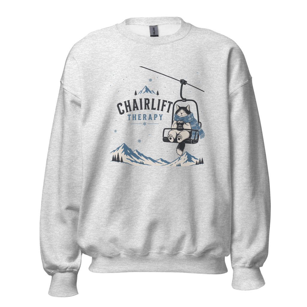 Ash gray sweatshirt with a graphic of a bear on a chairlift and 'Chairlift Therapy' text, on a white background.
