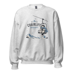 Ash gray sweatshirt with a graphic of a bear on a chairlift and 'Chairlift Therapy' text, on a white background.