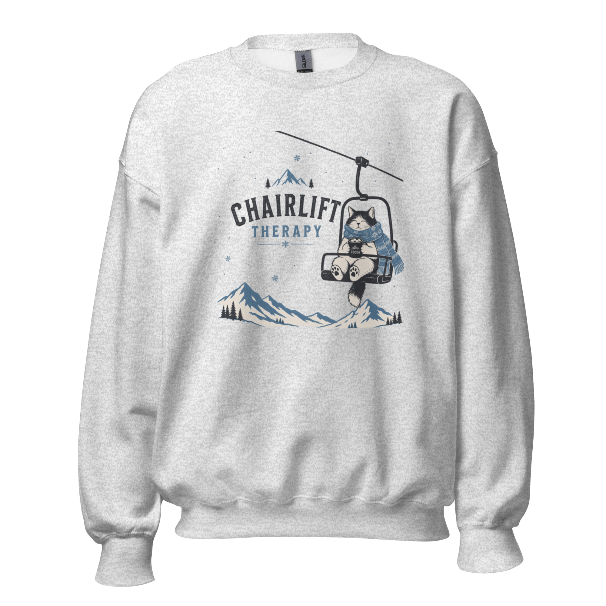 Ash gray sweatshirt with a graphic of a bear on a chairlift and 'Chairlift Therapy' text, on a white background.