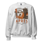 Ash gray sweatshirt with a graphic of a cat by a fireplace and 'APRES ALL DAY' text.