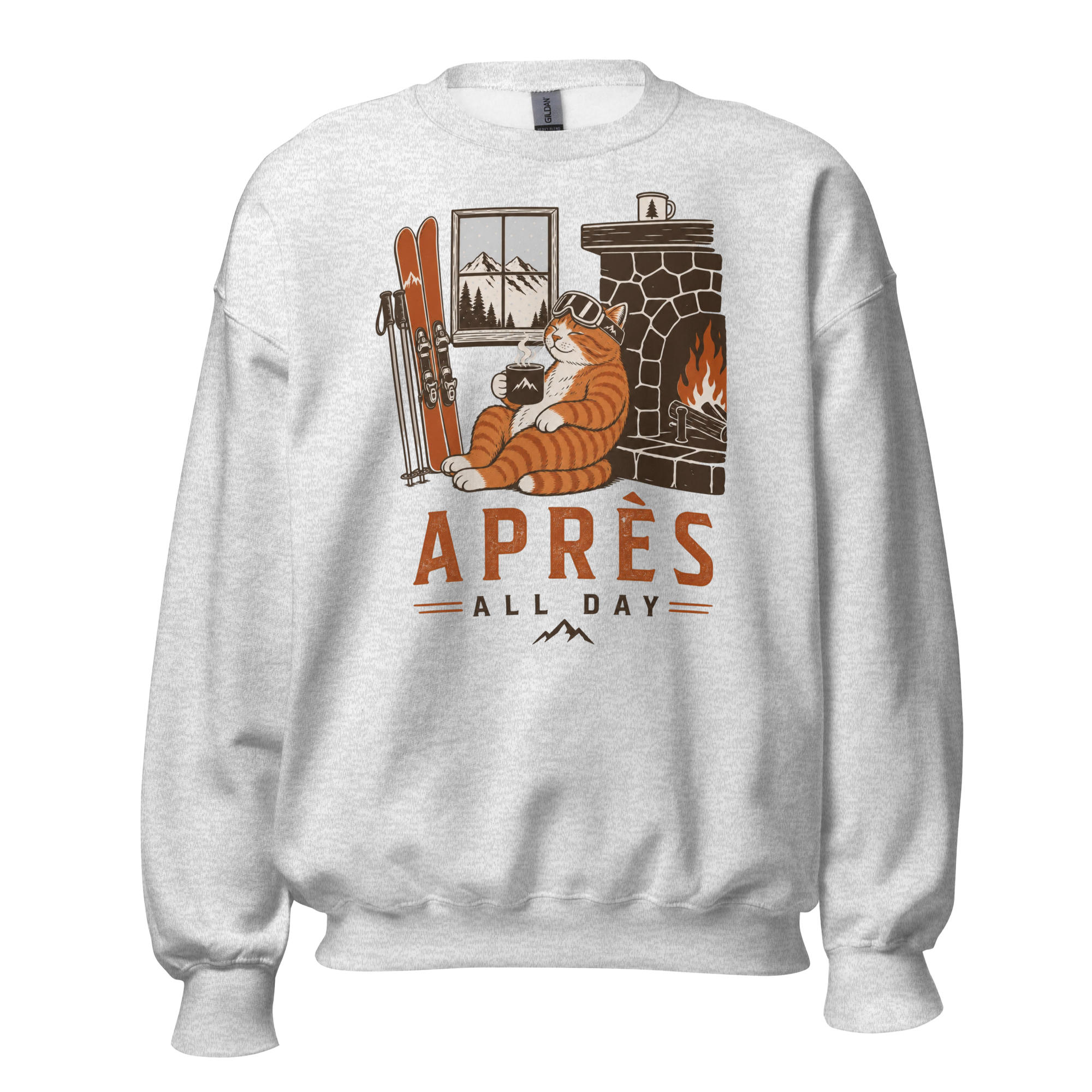 Ash gray sweatshirt with a graphic of a cat by a fireplace and 'APRES ALL DAY' text.
