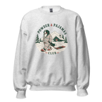 Ash gray sweatshirt with a graphic of a person in plaid pajamas and text 'Powder & Pajamas Club'.