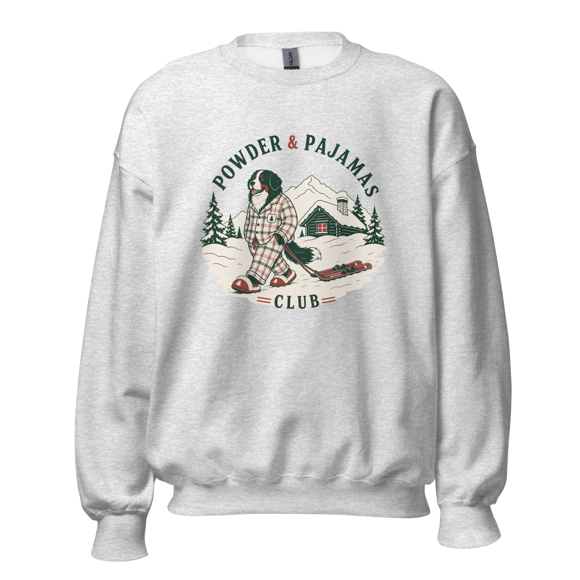 Ash gray sweatshirt with a graphic of a person in plaid pajamas and text 'Powder & Pajamas Club'.