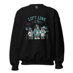 Black sweatshirt with 'Lift Line Legends' graphic design on a white background