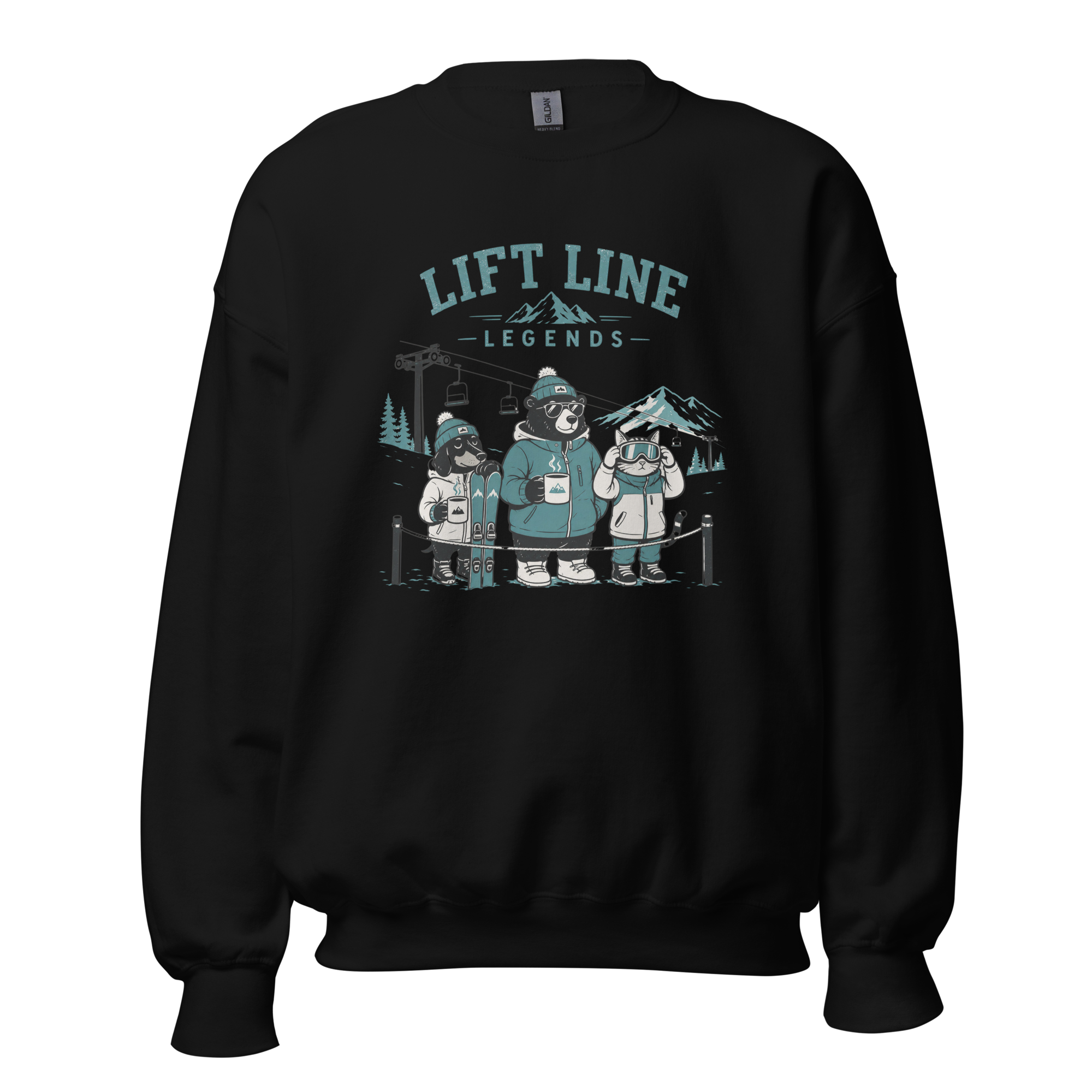 Black sweatshirt with 'Lift Line Legends' graphic design on a white background