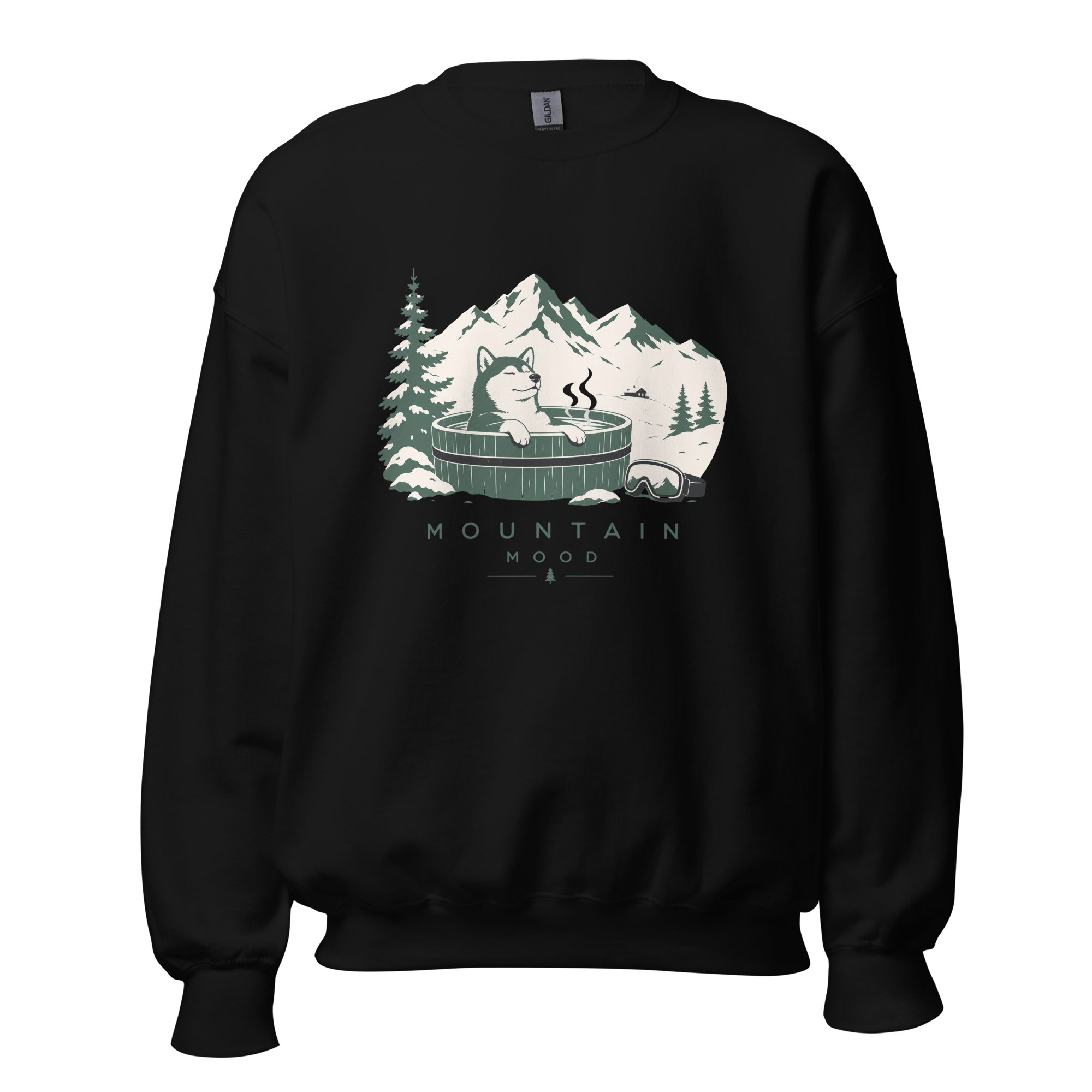 Black sweatshirt with a mountain and hot tub graphic on a white background