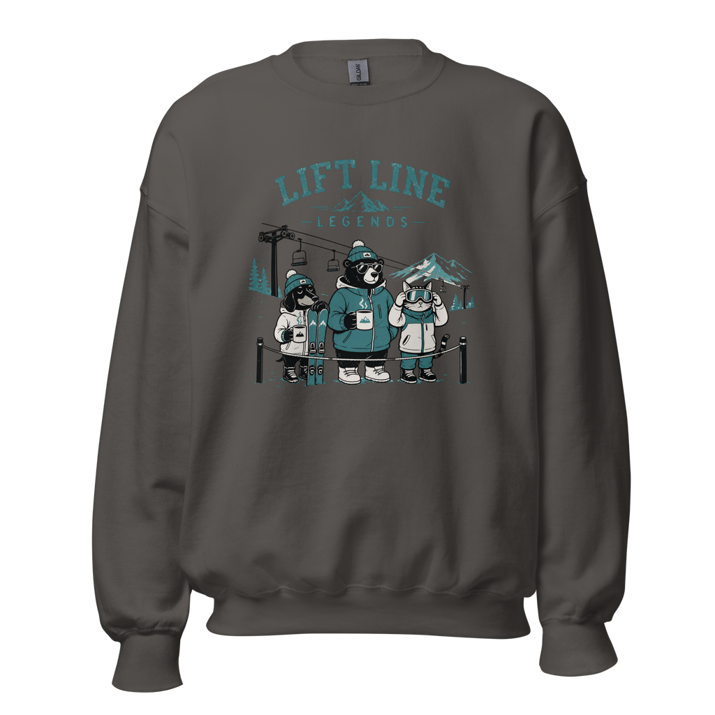 Charcoal gray sweatshirt with bear graphic and 'Lift Line Legends' text on a white background