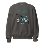 Charcoal gray sweatshirt with bear graphic and 'Lift Line Legends' text on a white background