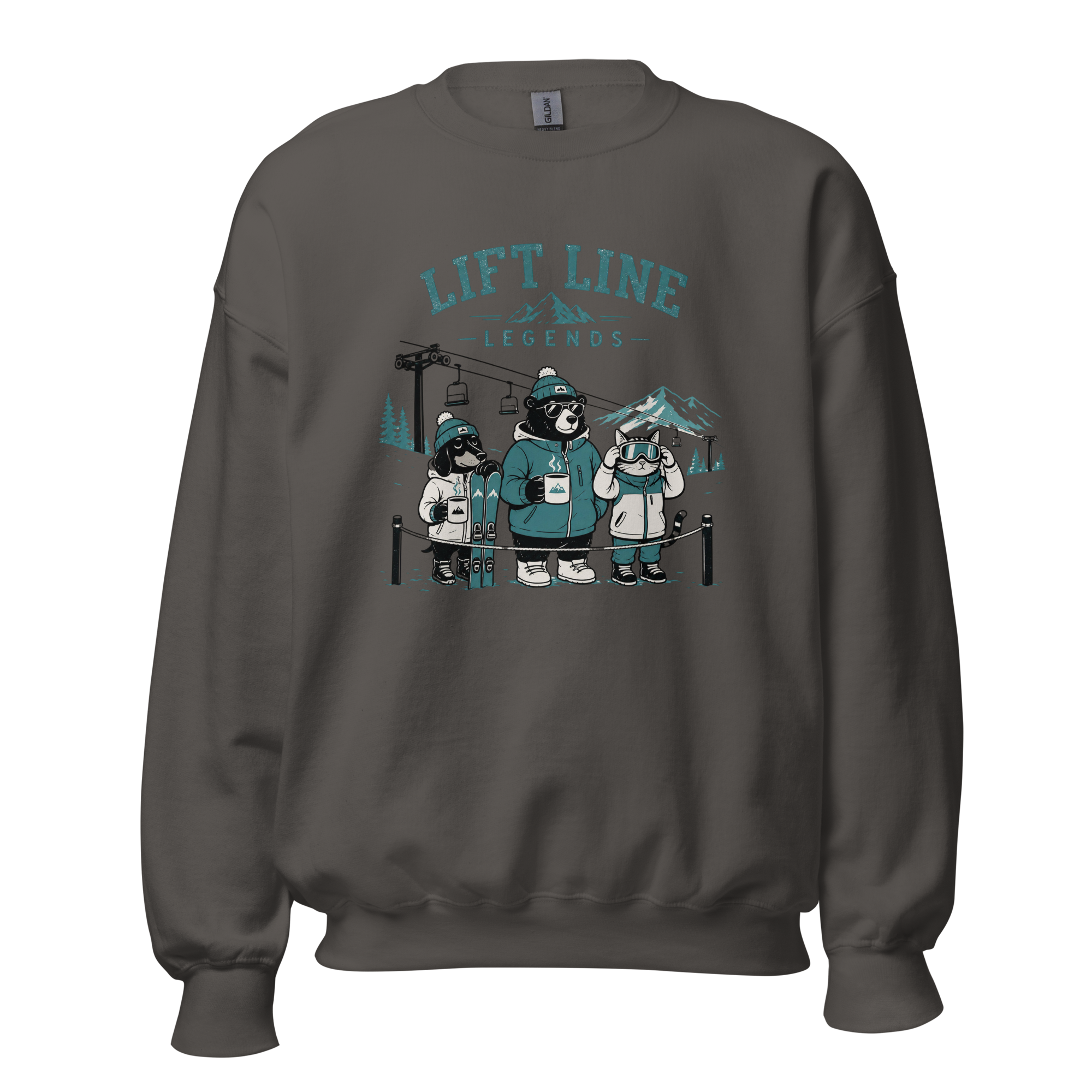 Charcoal gray sweatshirt with bear graphic and 'Lift Line Legends' text on a white background