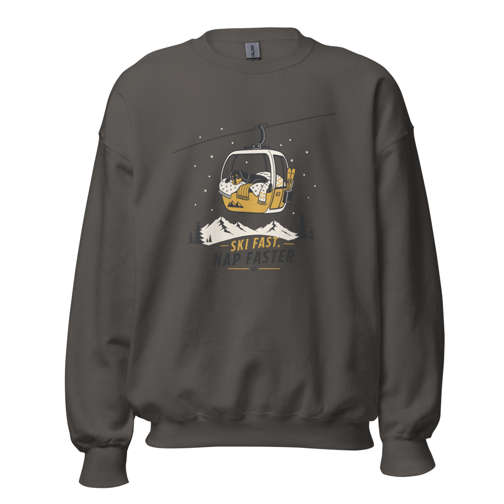 Charcoal gray sweatshirt with a graphic of a ski lift and text 'Ski Fast, Nap Faster' on a white background.