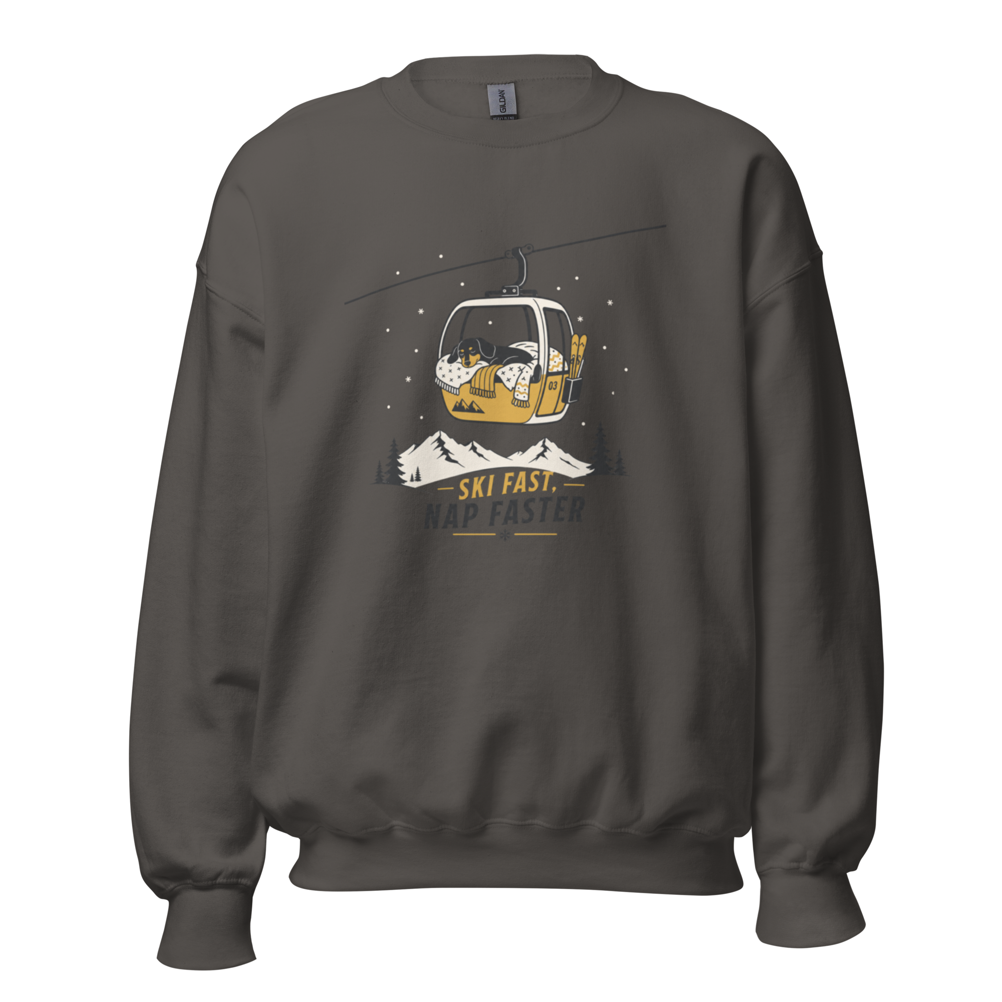 Charcoal gray sweatshirt with a graphic of a ski lift and text 'Ski Fast, Nap Faster' on a white background.