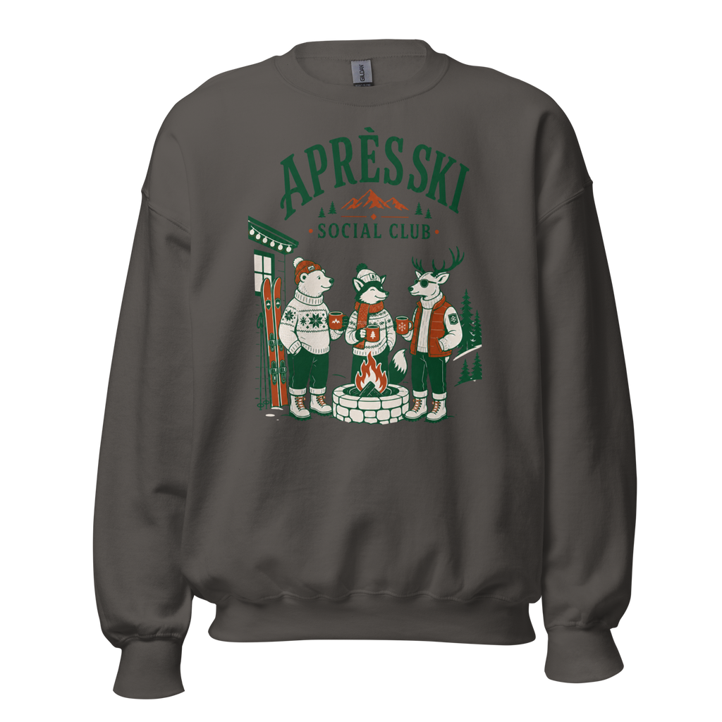 Charcoal gray sweatshirt with 'Apres Ski Social Club' graphic on a white background