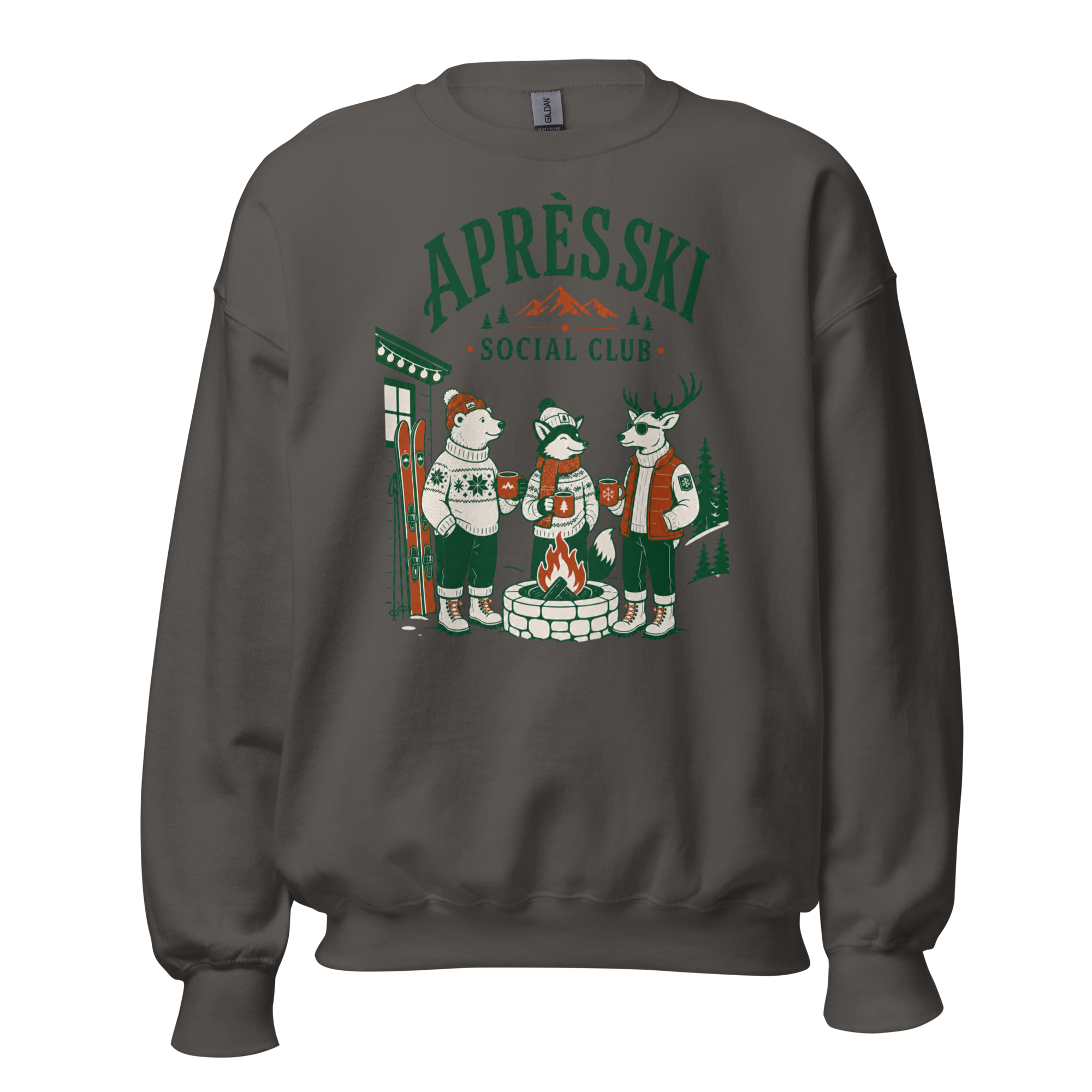 Charcoal gray sweatshirt with 'Apres Ski Social Club' graphic on a white background