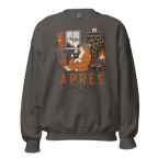 Charcoal gray sweatshirt with a graphic of a cat by a fireplace and skis, with 'APRES ALL DAY' text.
