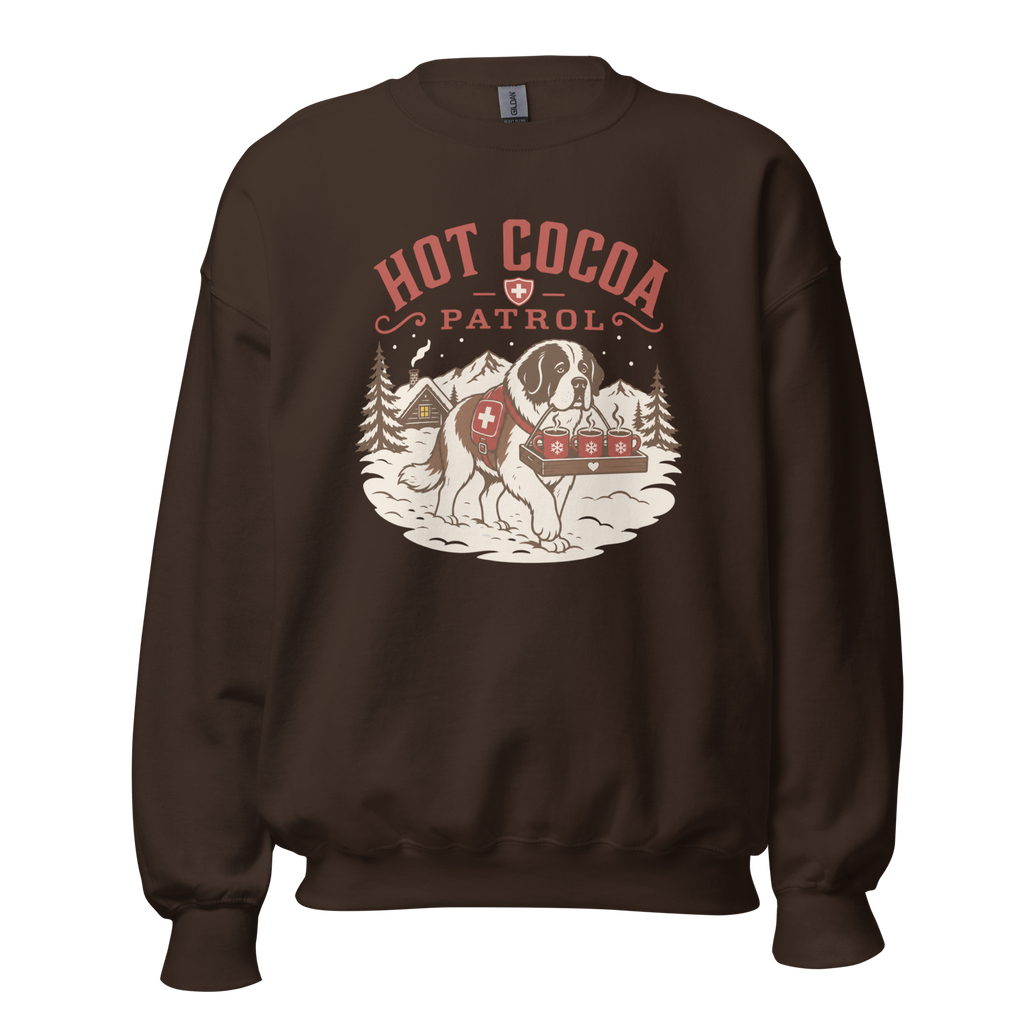 Dark chocolate brown sweatshirt with 'Hot Cocoa Patrol' graphic on a white background