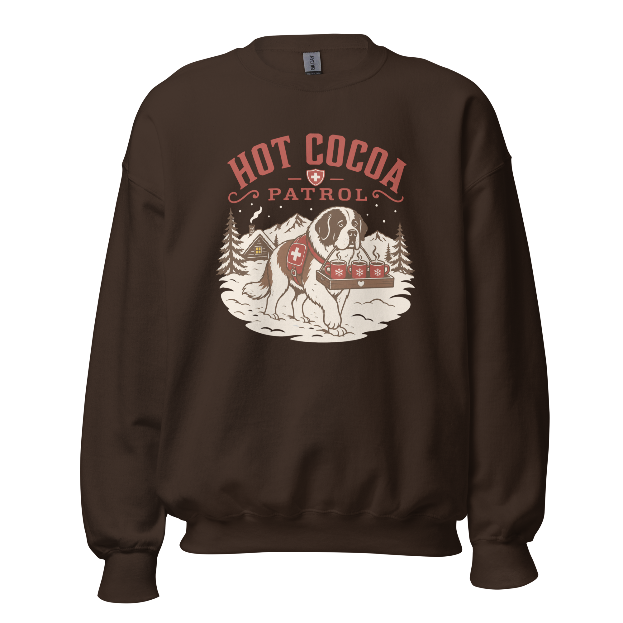 Dark chocolate brown sweatshirt with 'Hot Cocoa Patrol' graphic on a white background