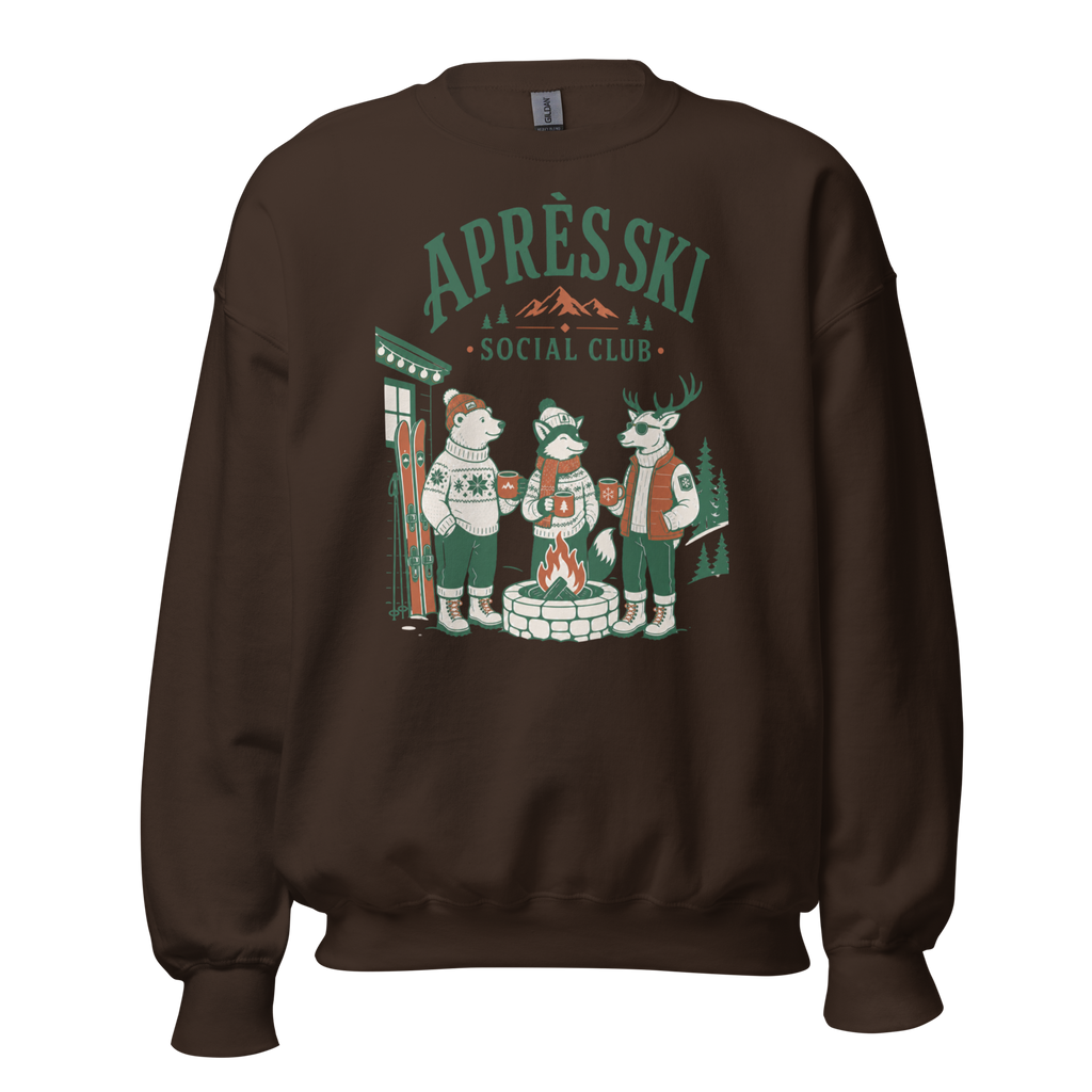 Dark chocolate brown sweatshirt with 'Apres Ski Social Club' graphic on a white background
