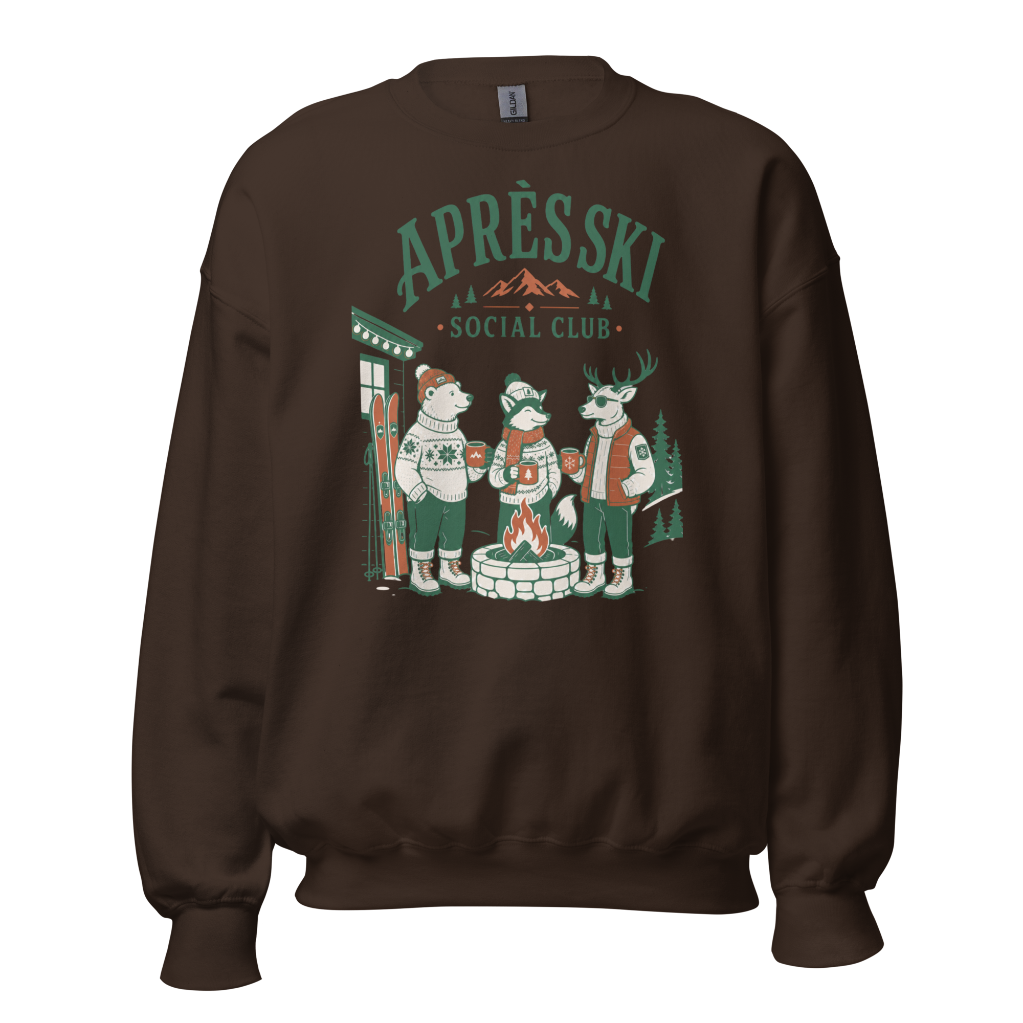 Dark chocolate brown sweatshirt with 'Apres Ski Social Club' graphic on a white background